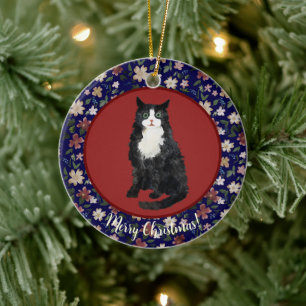 Ornamento De Cerâmica gato de Natal floral