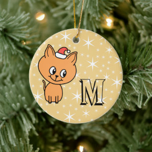 Ornamento De Cerâmica Gato de Natal, Monograma Personalizado e Foto de T