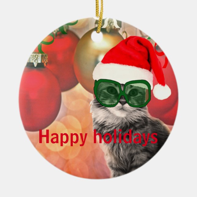 Ornamento De Cerâmica Gato de Natal no fundo de uma bola de Natal (Frente)