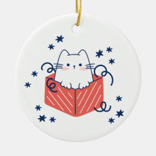 Ornamento De Cerâmica Gato de Natal numa caixa com flocos de neve
