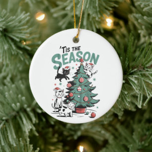 Ornamento De Cerâmica Gato de Natal Retro É a Temporada Meowy Catmas