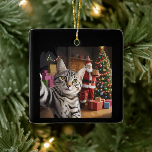 Ornamento De Cerâmica Gato de Natal Selfie com Papai Noel Férias Fofo