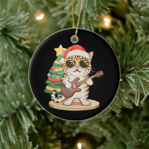 Ornamento De Cerâmica Gato de Natal Tocando Violão Rock Jazz Chapéu de N