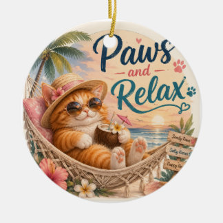Ornamento De Cerâmica Gato de Praia Patas e Relax