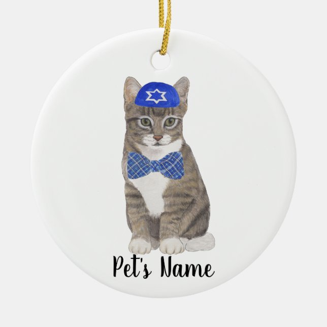 Ornamento De Cerâmica Gato de Tabby Personalizado (Cinza) Yarmulke & Tie (Frente)