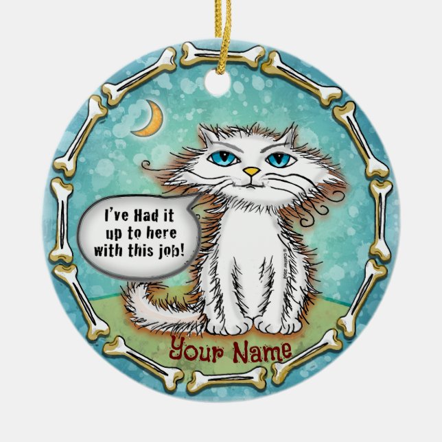 Ornamento De Cerâmica Gato Desgrenhado Odeia Meu Emprego  (Frente)