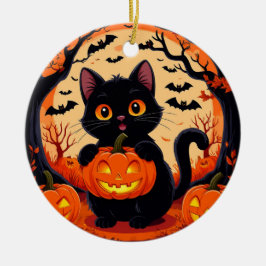 Ornamento De Cerâmica 🌕🎃 Gato Divertido & Abóbora ao Luar no Halloween
