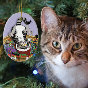 Ornamento De Cerâmica Gato Divertido de Natal com Catnip Lavanda
