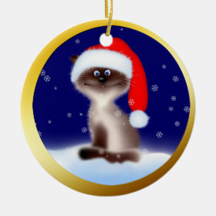 Ornamento De Cerâmica Gato do Natal no chapéu do papai noel