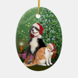 Ornamento De Cerâmica Gato e Cachorro com Papai Noel