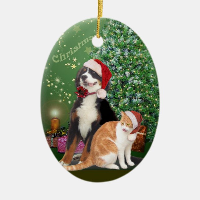 Ornamento De Cerâmica Gato e Cachorro com Papai Noel (Frente)