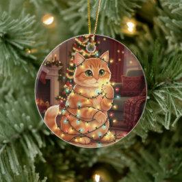 Ornamento De Cerâmica Gato e Luzes de Natal – Gato Divertido