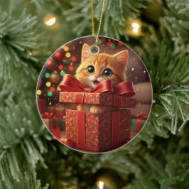 Ornamento De Cerâmica Gato em Caixa de Presente - Gato Saltando do Prese