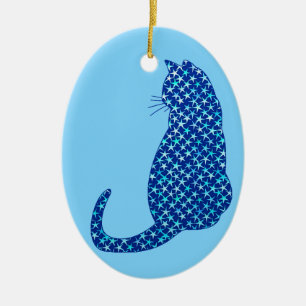Ornamento De Cerâmica Gato em Padrão de Estrelas em Azul Profundo