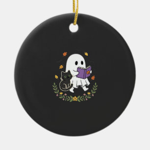Ornamento De Cerâmica Gato Fantasma de Halloween Lendo Livro Floral Desi