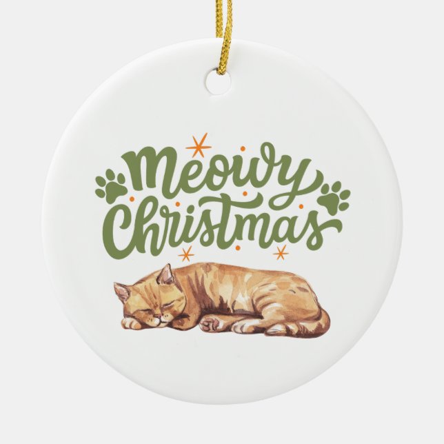 Ornamento De Cerâmica Gato Feliz De Natal Dormindo (Frente)