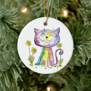 Ornamento De Cerâmica Gato Feliz Esbranquiçado e Bonito com Flores Amare
