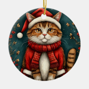 Ornamento De Cerâmica Gato Festivo Vestindo Chapéu e Cachecol de Papai N
