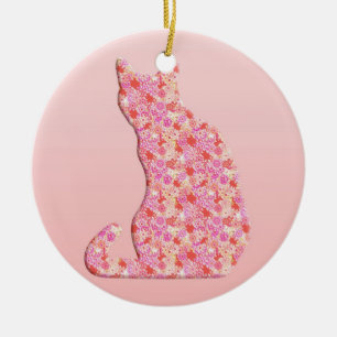 Ornamento De Cerâmica Gato Flor - coral laranja e rosa
