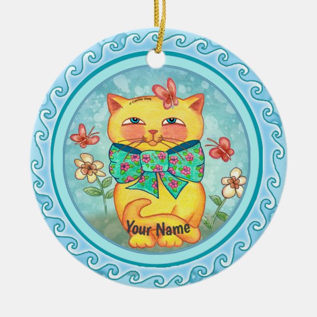 Ornamento De Cerâmica Gato Flores Amarelas (Frente)