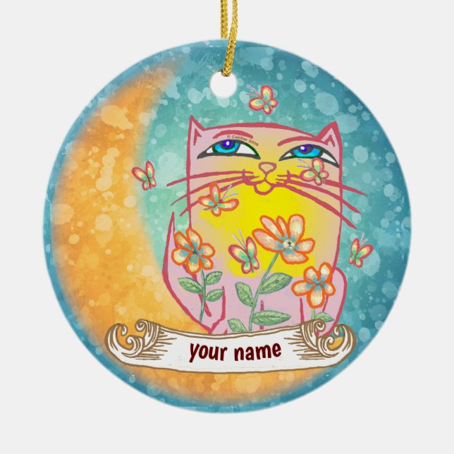Ornamento De Cerâmica Gato Flores da Lua  (Frente)