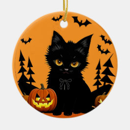 Ornamento De Cerâmica 🌕🐱 Gato Fofo ao Luar & Abóbora Magia de Hallowee