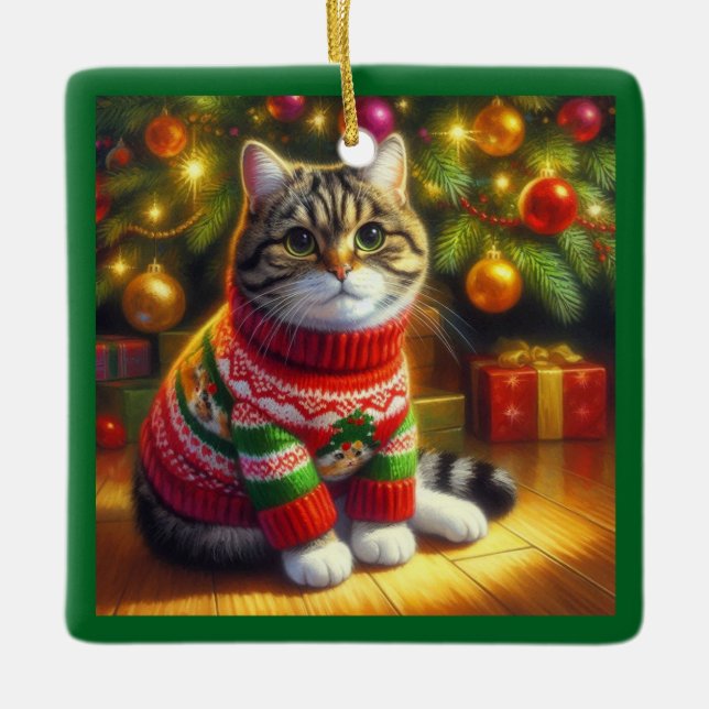Ornamento De Cerâmica Gato Fofo com uma Suéter de Natal  (Frente)