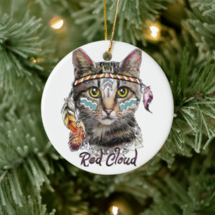 Ornamento De Cerâmica Gato fofo de nuvem vermelha