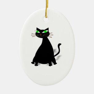 Ornamento De Cerâmica Gato Gordo Preto Com Olhos Verdes