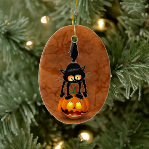 Ornamento De Cerâmica Gato Halloween Caricatura Assustada na Pumpkin
