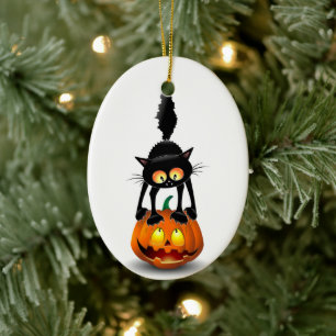 Ornamento De Cerâmica Gato Halloween Caricatura Assustada na Pumpkin