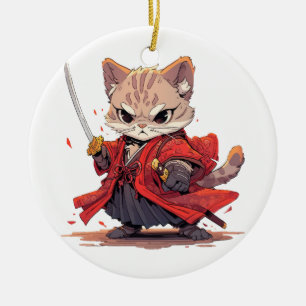 Ornamento De Cerâmica Gato Herói ao estilo samurai zangado