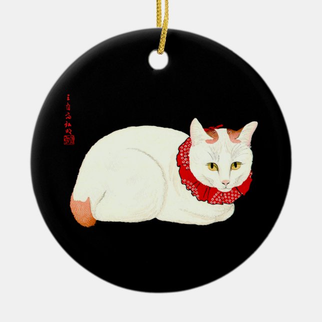 Ornamento De Cerâmica Gato Japonês Branco e Ginger (Frente)
