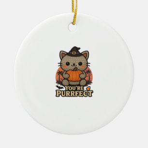 Ornamento De Cerâmica Gato Kawaii de Halloween com Abóbora, Gatinha Brux