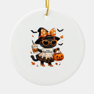 Ornamento De Cerâmica Gato Kawaii de Halloween � Gato Bruxa com Abóbora 