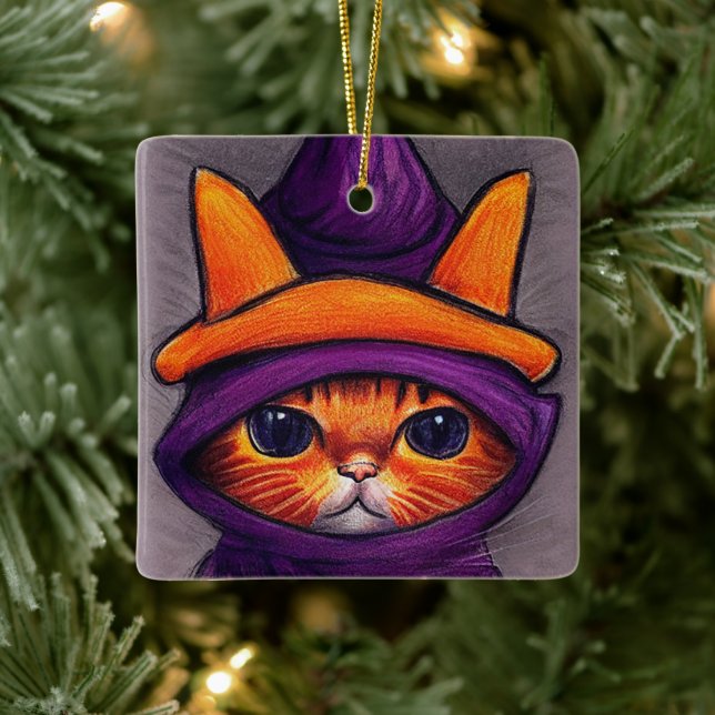 Ornamento De Cerâmica Gato Laranja com Chapéu de Bruxa Roxo (Árvore)
