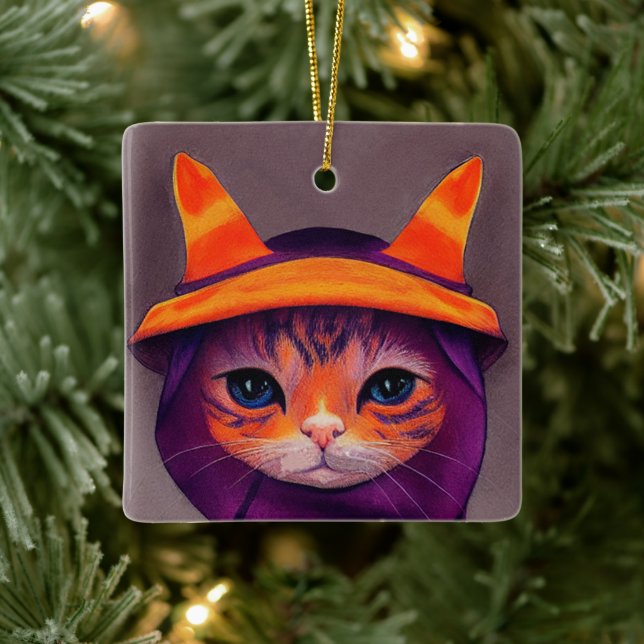 Ornamento De Cerâmica Gato Laranja com Chapéu de Bruxa Roxo (Árvore)
