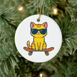 Ornamento De Cerâmica Gato Legal de Skate Usando Óculos de Sol Cartoon