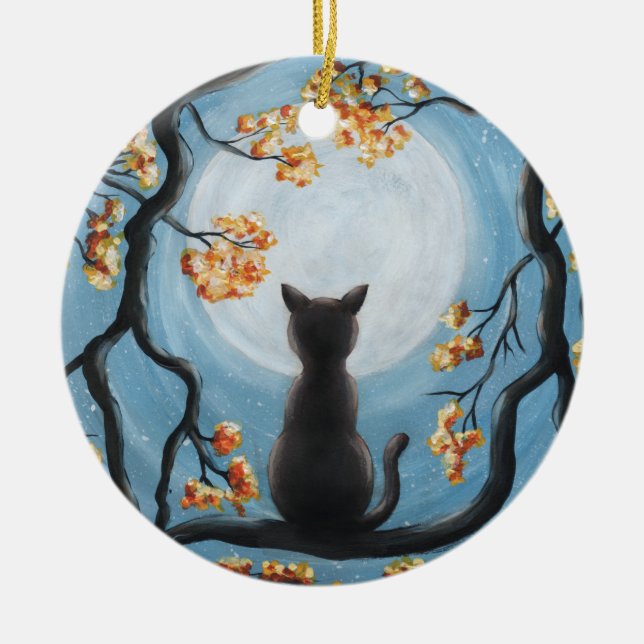 Ornamento De Cerâmica Gato lunático na pintura da Lua cheia da árvore (Frente)