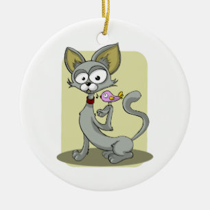 Ornamento De Cerâmica Gato magro e pássaro rosa