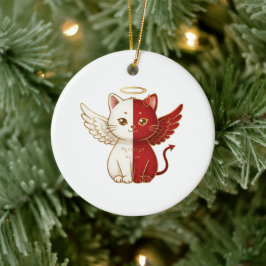 Ornamento De Cerâmica Gato Malicioso Anjo e Gato Travesso Dividem o Nata