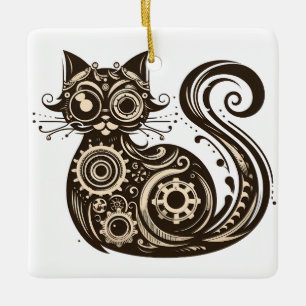 Ornamento De Cerâmica Gato Mecânico Steampunk