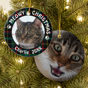 Ornamento De Cerâmica Gato MEOWY NATAL 2 Lados Xadrez de Natal