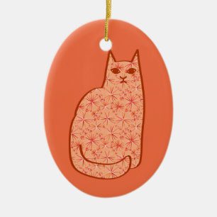 Ornamento De Cerâmica Gato Moderno do Século médio, Laranja Coral e Bran