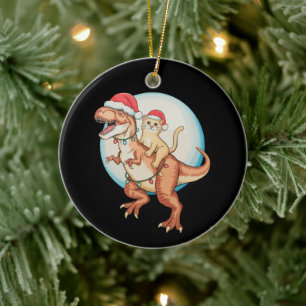 Ornamento De Cerâmica Gato Montando Dinossauro T Rex Lua Natal Xmas