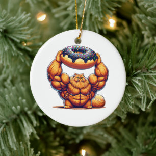 Ornamento De Cerâmica Gato Musculoso Levantando Donut