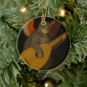 Ornamento De Cerâmica Gato Músico Alado Tocando Alaúde Arte