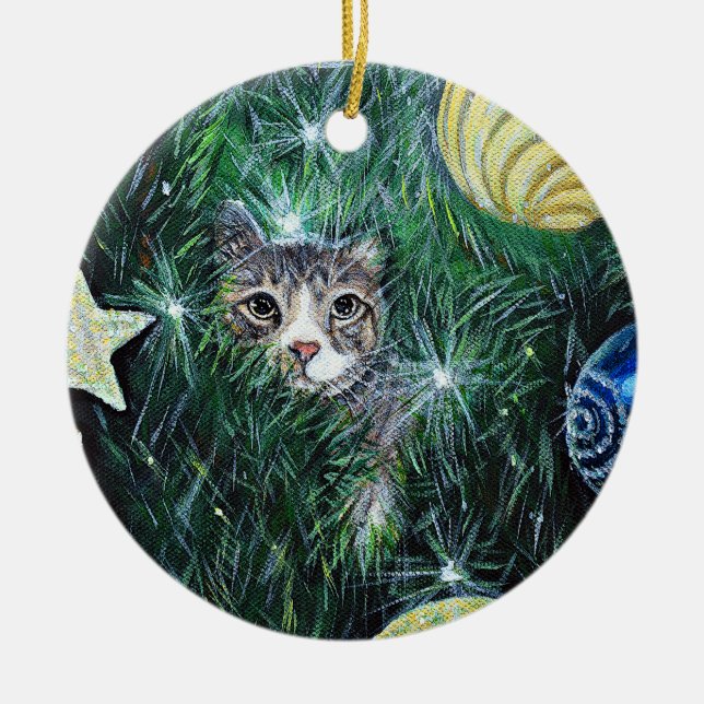 Ornamento De Cerâmica Gato na pintura da árvore de Natal (Frente)