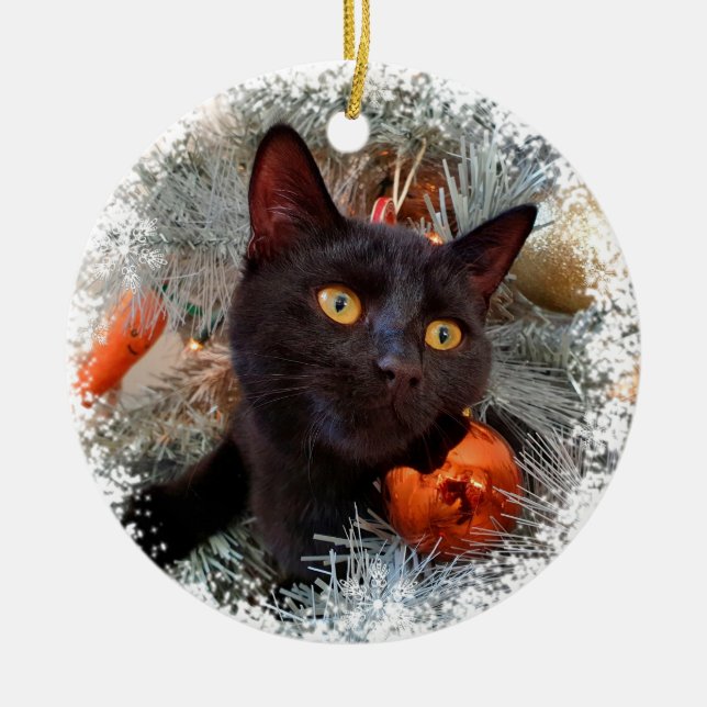 Ornamento De Cerâmica Gato Negro, Árvore de Natal (Frente)