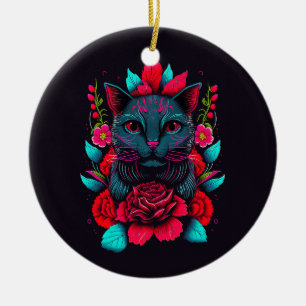 Ornamento De Cerâmica Gato Negro Elegante arredondado por Rosas vermelha